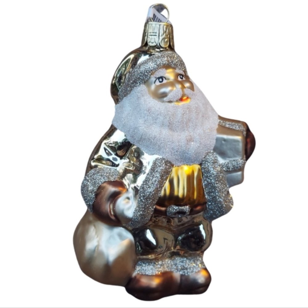Crate & Barrel Glass Santa Ornament Gold 2015 Collectible Holiday Tree Decor